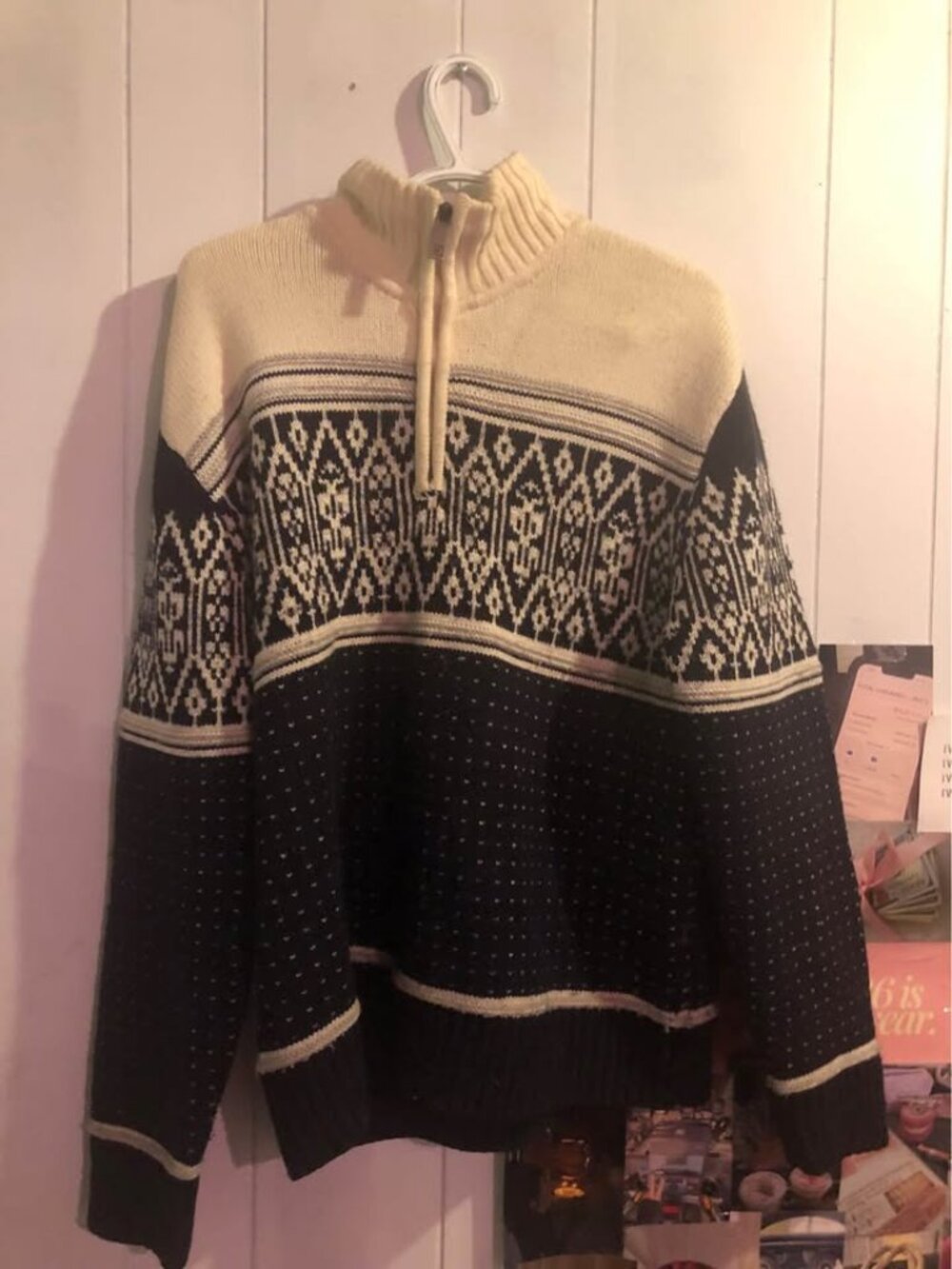 Obermeyer 100% Wool 1/4 Zip Pullover Sweater Mens Medium Black/Ivory Fair Isle